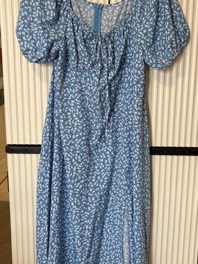 Amazon Blue Floral Maxi Dress with Puff Sleeves